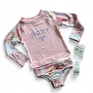 *New* Roxy Pink Floral 2 Piece Swim Set Long Sleeve Rashguard & Bottoms UPF 50